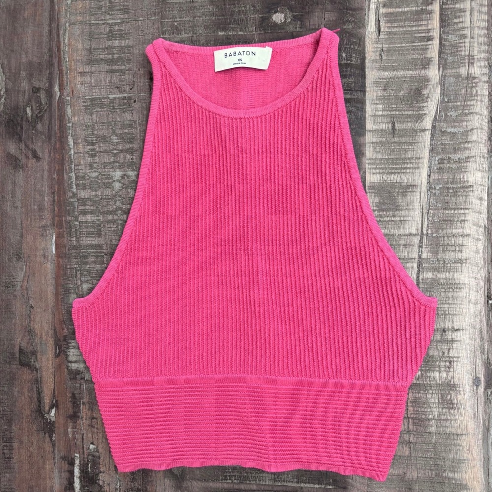 Babaton Sculpt Knit Barbiecore Tank Top XS Pink High Neck Ribbed Cropped 95462